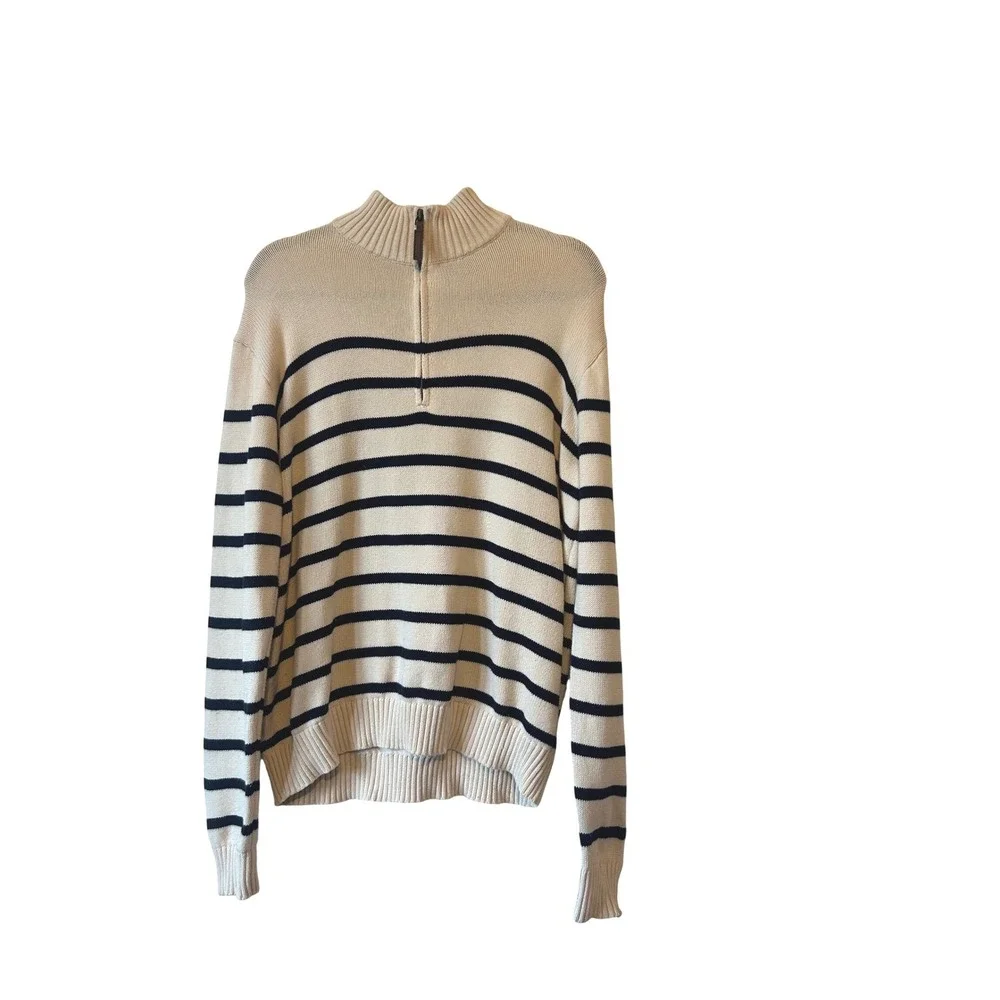 Brandy Melville Preppy Striped Quarter Zip Sweater Beige‎ Navy Cotton  Size XL